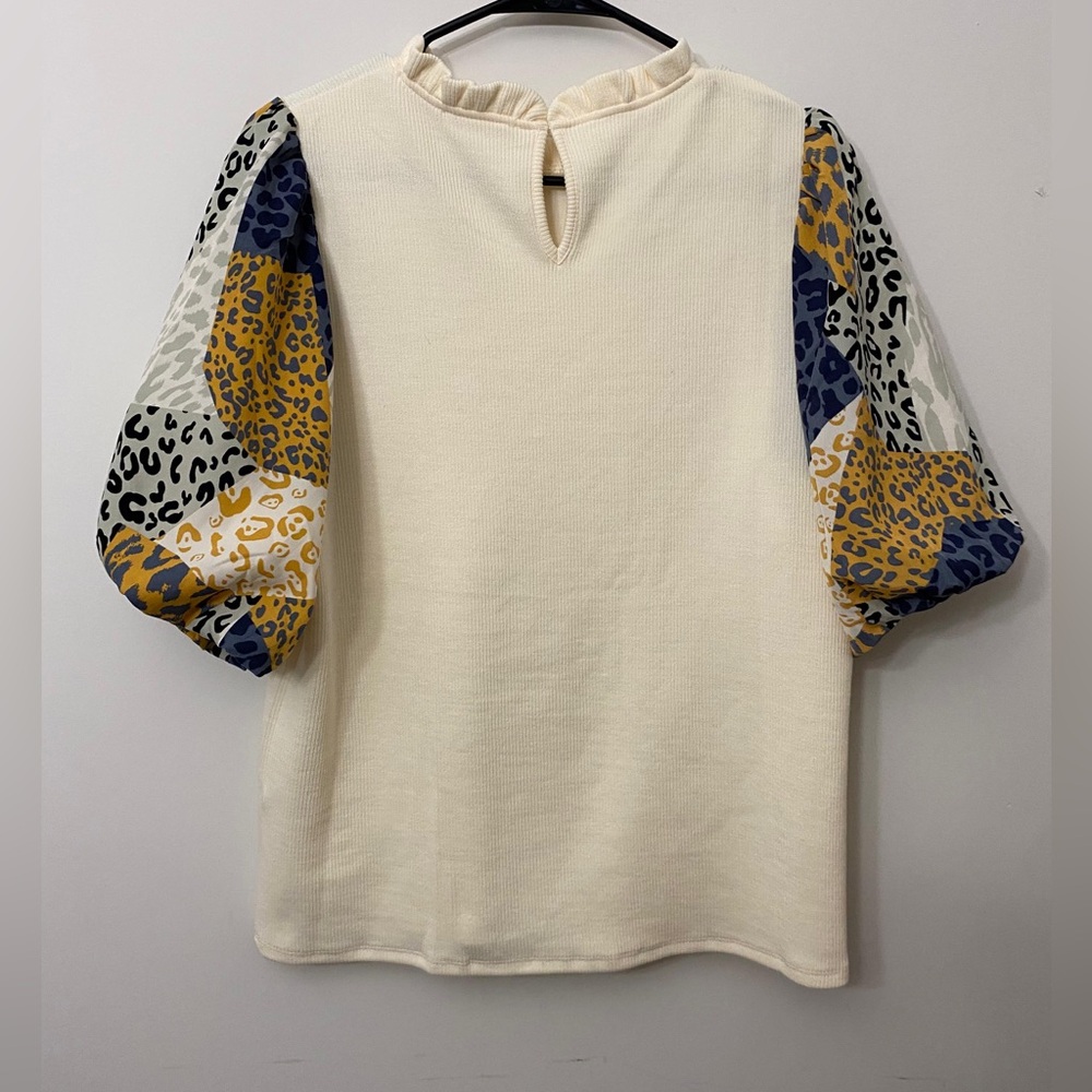 THML Cream Blouse with Animal Print Sleeves - Picture 2 of 4